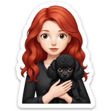 Girl with long red hair hold a black small poodle dog sticker