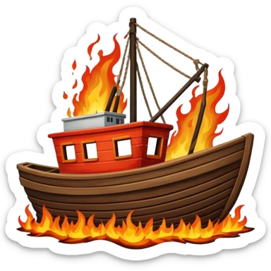 Wooden fishing boat on fire sinking sticker