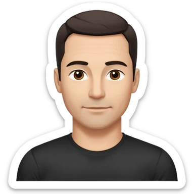 Attractive man in his 40s with youthful appearance, light brown skin, elongated face, defined jawline, medium dark eyes, arched eyebrows, straight nose, handsome friendly expression, short dark hair styled upward, athletic build, wearing a fitted black t-shirt sticker