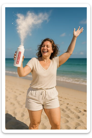 Donna in spiaggia che butta il borotalco italiano, la donna è intorno ai 66kg sticker