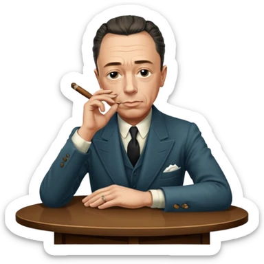 Albert Camus with a small cigar between his fingers, and with his arms folded together on the table. He looks chic, intellectual, philosophical, yet not so serious, thus so having fatal charm and attractive. His posture looks relaxed.  sticker