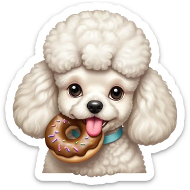 French poodle blanco tamaño mediano hembra con una dona en la boca, todo el cabello esponjoso sin ningún estilo  sticker
