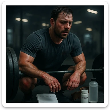 Inspired by the provided image, depict an athletic early 30s man performing a heavy deadlift, sweat, hands with chalk, diary nearby, dark circles and redness on joints. On the floor: water bottle, magnesium, belt. Background: blurred gym with cold lighting. Cinematic realism. sticker
