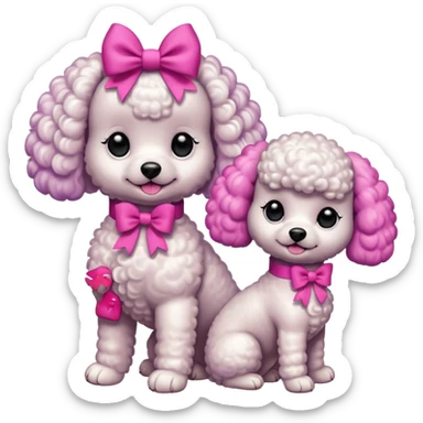 Two white toy poodle–style dogs, fluffy curly fur, round faces, black button eyes. Bright purple ears, hot-pink paws. One taller dog standing upright on hind legs wearing a large pastel pink bow on chest, one smaller round dog sitting. Cute plush emoji style. sticker