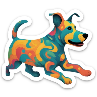 Abstract quirky funky made of different shapes dog running and squiggles linocut multicoloured illustrations  sticker
