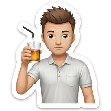 Handsome male.short messy brown hair.mowhawk hairstyle. wearing white golf shirt.grey shorts. Drinking rum . Drunk sticker