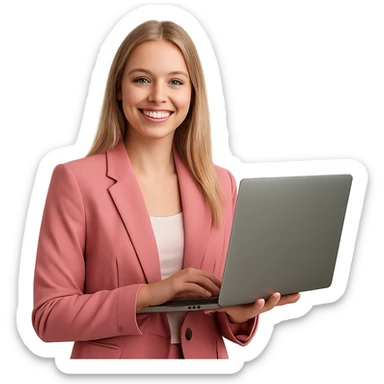 smiling young blonde woman in a pink blazer, holding a laptop sticker