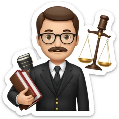 “Create a clean, modern emoji-style illustration of a male lawyer. He is wearing a formal suit jacket. He is holding a judge’s gavel in one hand and has a law book tucked under his arm. He has a mustache and a short beard, and he is wearing glasses. sticker