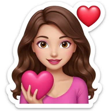 girl with long wavy brown hair, brown eyes, long lashes makeup, sexy pink lips, light to medium complexion, wearing a pink sexy top, smiling, holding a big heart sticker