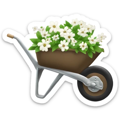 Brown wheelbarrow with white flowers inside no green  sticker