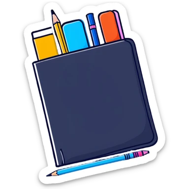 Cute school supplies including colorful pencil case, notebook, pens, and markers sticker