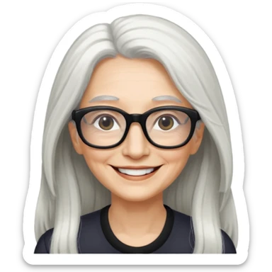 femme 60ans  avec de long cheveux blanc et des lunettes rectangles noir sourrir sticker