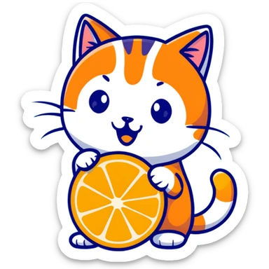 Cartoon orange cat eating an orange fruit that has a cat face on it sticker