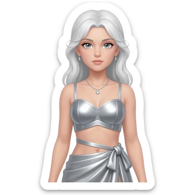 Artemis from Greek Mythology with grey eyes, long white hair, silver metallic sweetheart crop top, silver metallic wrap long skirt, silver necklace and earrings sticker