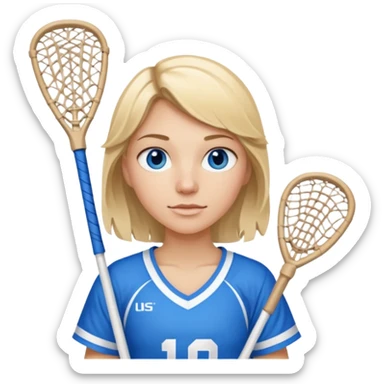 Blonde white with blue eyes lacrosse player holding one lacrosse stick wearing blue and white gear  sticker