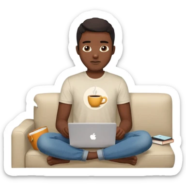 Homme développeur de teint noir, assis dans un coin cosy de son salon un week-end, ordinateur portable ouvert affichant du code. Lumière naturelle douce, ambiance calme. Habillé simplement (t-shirt clair, jean ou short), tasse de café/thé à côté. sticker