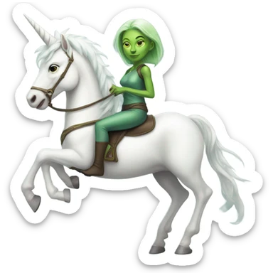a green amazon alien woman on a white unicorn sticker