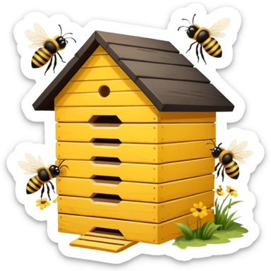 A wooden hive box with bees buzzing around the entrance. sticker