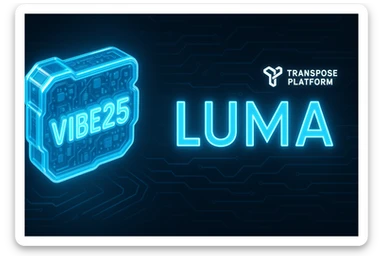 Create a wide banner in a Tron-inspired neon blue circuit style with a dark grey background featuring circuit lines. Include the word 'Luma' in large, bold, glowing geometric font. Integrate the 3D VIBE25 logo on the left and the Transpose Platform logo on the right. The overall look should be cohesive, futuristic, and high-tech. sticker
