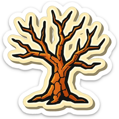 a hard, branched, dry leafless tree, all cracked, two to three colors, clear black outlines, distinct shadows and highlights, retro stickers style, no gradients sticker