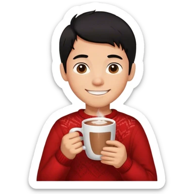 A boy with black hair wearing a red sweater and having in his hand a hot chocolate and smiling sticker