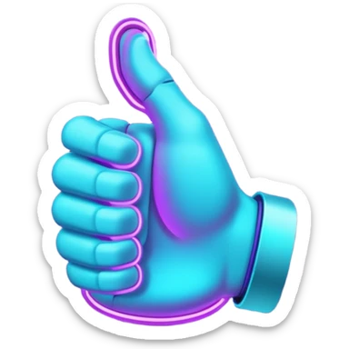 futuristic glowing thumbs up, neon purple and cyan light, dark background, digital tech style sticker