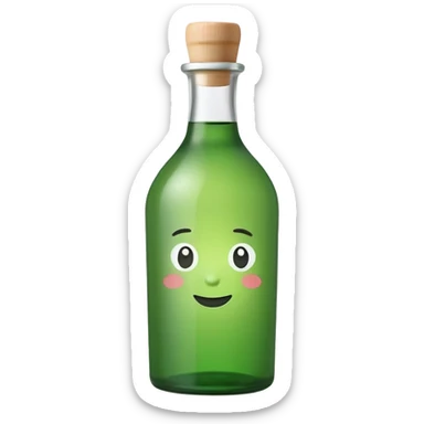 A clean, cute emoji-style green soju bottle, small Korean soju bottle with green glass, simple label in Korean style, minimal flat design, soft shading, centered, white or transparent background, high contrast, rounded friendly emoji look, 1:1 aspect ratio, app icon style sticker