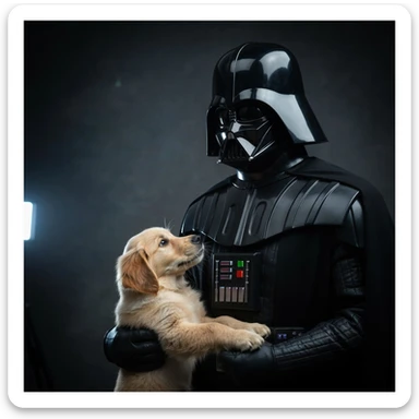 Photo of a darth vader holding puppy golden retriver, low key light sticker
