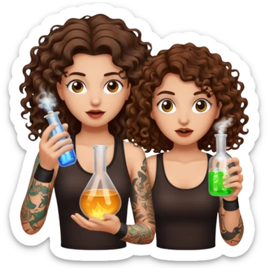 wrong mixture — long wavy brown hair tattooed woman and short tight curly brown hair woman — panic holding glowing flask sticker
