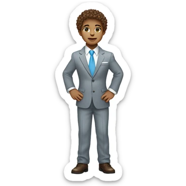 Little young  gentleman wearing a grey suit with white shirt and baby blue tie with blue eyes ,  very white  skin and brown curly hair and full body . Wearing a watch  sticker