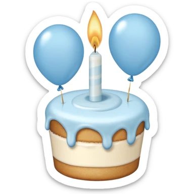 Please make some balloons that are light blue and beige, and place a small cake underneath the balloons. sticker