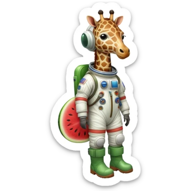 a round watermelon body with only the head of a giraffe sticking out, wearing brown boots and an astronaut helmet sticker