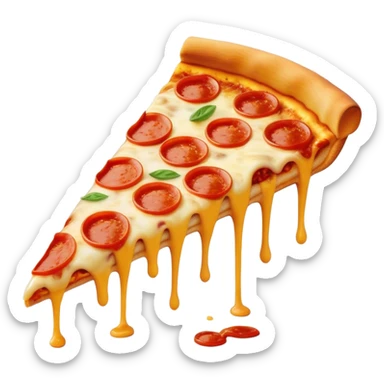 Cinematic cheesy pizza slice, gooey melted cheese stretching as a bite is taken, crispy golden crust, rich tomato sauce, vibrant toppings, warm glowing background, inviting and delicious. sticker