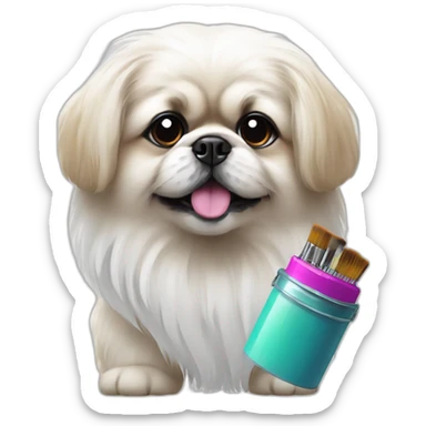 White Pekingese artist with colored paints and brushes sticker