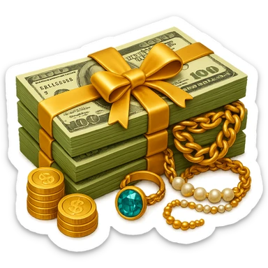 Make the stack of money look richer, add gold coins, jewelry, and a luxurious feel. The original style is emoji style, but emoji style does not support editing, so please keep the luxurious feel consistent with emoji style. sticker