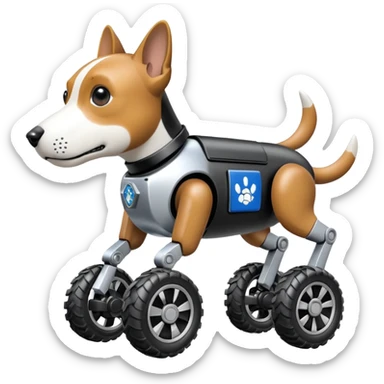 Very fast  jumping Boston dynamics police robotic beagle Sherlock robodog with two off-road wheels per ankle  sticker