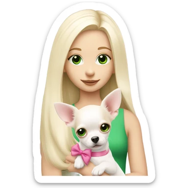 pale blond girl with long platinum hair with green eyes holding a white chihuahua puppy that wearing a pink bow sticker