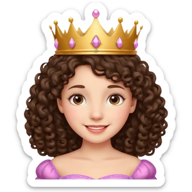 A brunette curly hair girl with a princess crown smiling gently. sticker
