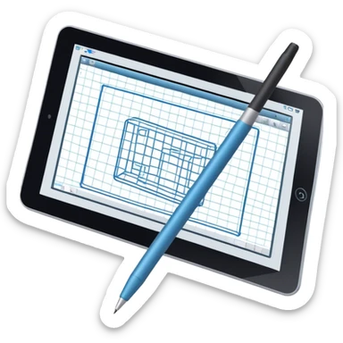 Create an emoji for 3D visualization and modeling. Show a large graphic tablet with a stylus drawing in a 3D modeling program, displaying a wireframe model that pops out from the screen. Use modern, professional colors. Do not include any emojis or smiley faces. Make the background transparent. sticker