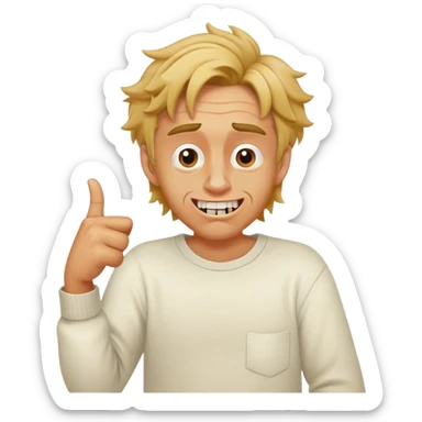 disheveled white man slouching and talking. missing teeth pointing finger turning sticker