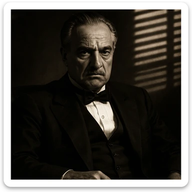 A stern older Italian mafia boss in a black tuxedo, white shirt, and black bow tie, with slicked-back grey hair and a mustache, sitting in a dimly lit room. Dramatic shadows and blinds casting light stripes on the wall, 1940s mafia style, cinematic close-up. sticker