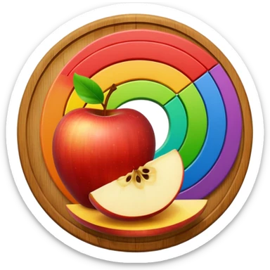 A round wooden board with a whole apple and several slices on it, with a rainbow outline sticker