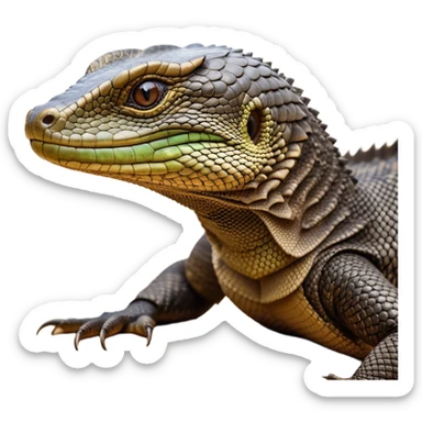 Cinematic Realistic Noble Monitor Lizard Portrait Emoji, Poised and imposing, with a robust, muscular build and a rugged, intricately scaled hide in natural olive and dark brown tones, a sharply defined head with intense, observant eyes, rendered with lifelike detail and authentic texture, high shine, intelligent and formidable, styled with an air of desert authority, focused and attentive, soft glowing outline, capturing the essence of a watchful and confident monitor lizard that appears ready to stride out of the screen with effortless power! sticker