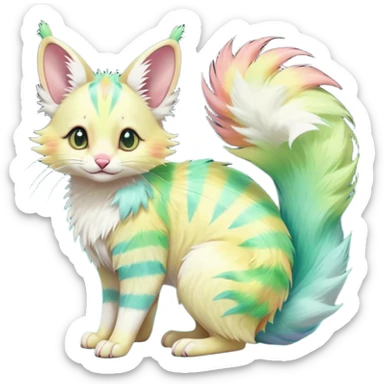  cute adorable yellow-green-turquoise-gradients albino fur with random colorful iridescent rainbow markings beautiful elegant pretty precious cute  Fakémon-Pokémon-opossum-feline-serval-caracal-chinchilla-Minccino-hybrid-creature with a big fluffy bushy striped tail (full body) sticker