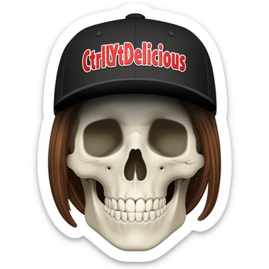 Create a skeleton head wearing a black baseball cap that says " CtrlAltDelicious " in Red, and white lettering, with brown hair sticker