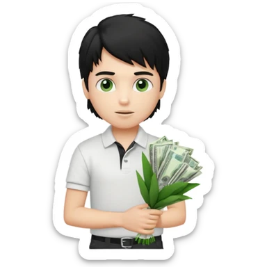 generate a pretty fair bratz boy with a messy mullet (black hair), wearing a white polo.  carrying a bouquet made of money sticker