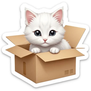  A very cute white young kitten cat with one's head tilted to one side poked its paws out of the cardboard big box and placed them on top of it sticker