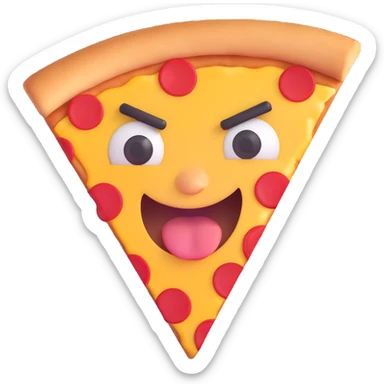 slice of pizza forming an emoji-style face, grimacing mouth, angry or disgusted eyes, cartoon stink lines or steam, expressing frustration or dislike, playful cartoonish style sticker