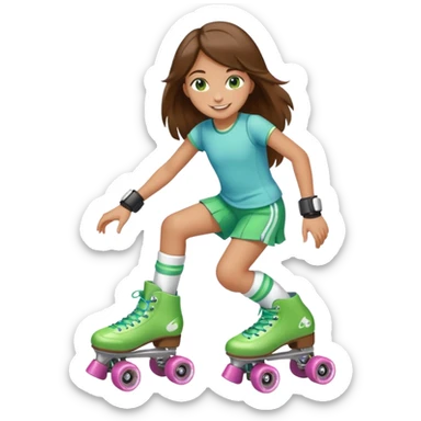 an 8 year old girl with green eyes and long brown hair. smiling. skating on quad style roller skates with white boot. sticker