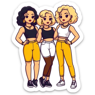 Full body of two teenage girls standing together, one white with straight blonde hair and one brown-skinned with curly black hair, both with heavy makeup, big lips, crop tops, gold jewelry and flashy choni style outfits sticker